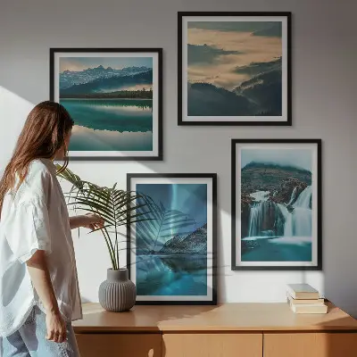 Polyptychon mit Rahmen Winterlandschaften mit Wasserfällen und Nordlichtern