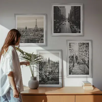 Polyptychon mit Rahmen Aussicht auf New York und Paris Treppenmotiv