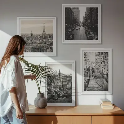 Polyptychon mit Rahmen Aussicht auf New York und Paris Treppenmotiv