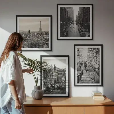 Polyptychon mit Rahmen Aussicht auf New York und Paris Treppenmotiv