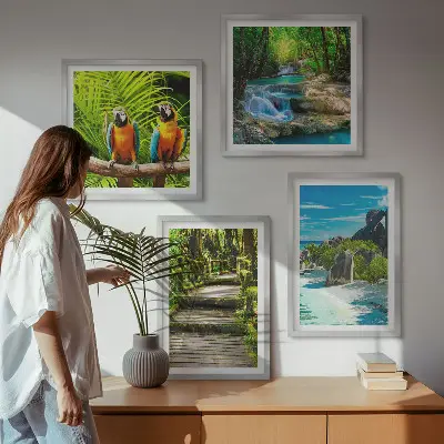 Wanddeko-Set mit Motiv tropischer Wald und Papageien am Wasserfall