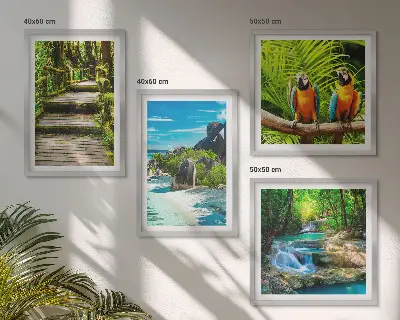 Wanddeko-Set mit Motiv tropischer Wald und Papageien am Wasserfall
