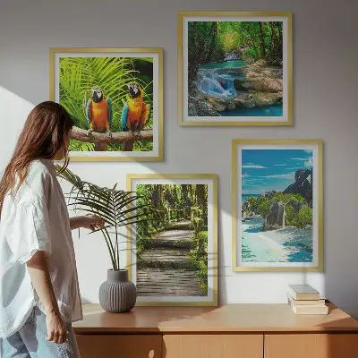 Wanddeko-Set mit Motiv tropischer Wald und Papageien am Wasserfall