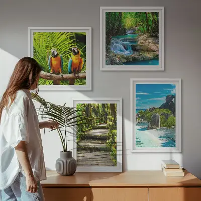 Wanddeko-Set mit Motiv tropischer Wald und Papageien am Wasserfall