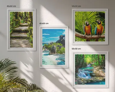 Wanddeko-Set mit Motiv tropischer Wald und Papageien am Wasserfall