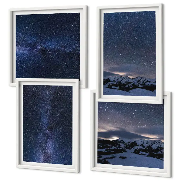 Wandbild Nachthimmel mit Bergen und Sternen mehrteiliges Set mit Rahmen