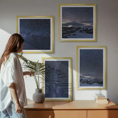 Wandbild Nachthimmel mit Bergen und Sternen mehrteiliges Set mit Rahmen