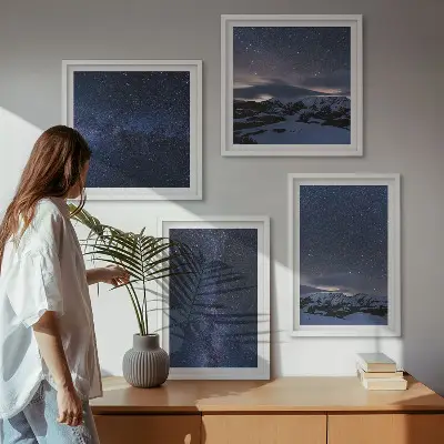 Wandbild Nachthimmel mit Bergen und Sternen mehrteiliges Set mit Rahmen