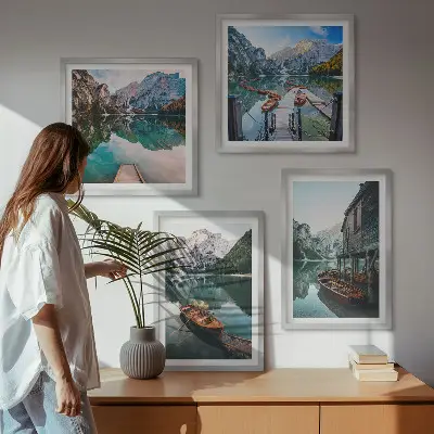 Wanddeko-Set mit Motiven von See, Bergen, Booten und Ferienhaus