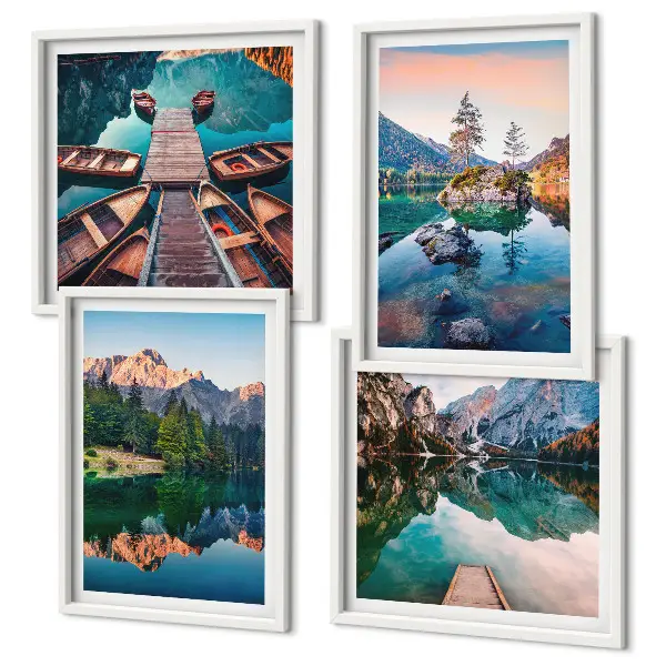 Spiegelung des Waldes in Bergseen als mehrteiliges Wandbild mit Rahmen