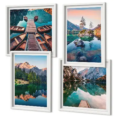 Spiegelung des Waldes in Bergseen als mehrteiliges Wandbild mit Rahmen