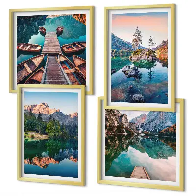 Spiegelung des Waldes in Bergseen als mehrteiliges Wandbild mit Rahmen