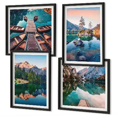 Spiegelung des Waldes in Bergseen als mehrteiliges Wandbild mit Rahmen