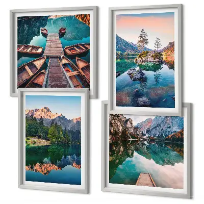 Spiegelung des Waldes in Bergseen als mehrteiliges Wandbild mit Rahmen