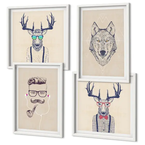 Stilvolle Tierporträts als mehrteiliges Wandbild mit Rahmen