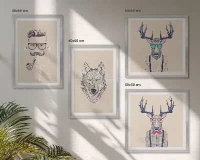 Stilvolle Tierporträts als mehrteiliges Wandbild mit Rahmen