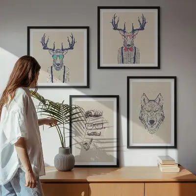 Stilvolle Tierporträts als mehrteiliges Wandbild mit Rahmen