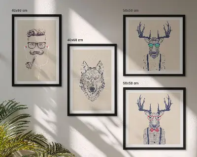 Stilvolle Tierporträts als mehrteiliges Wandbild mit Rahmen