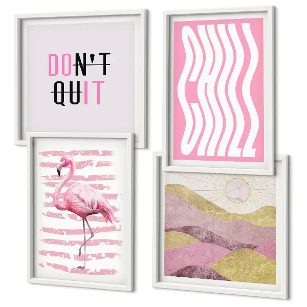 Pastellfarbene Berglandschaft mit rosa Flamingos als Polyptychon mit Rahmen