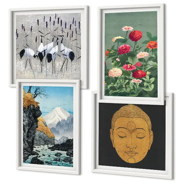 Wanddekorset mit japanischen Naturmotiven im Japandi-Stil
