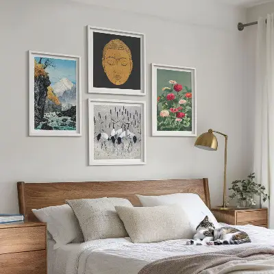 Wanddekorset mit japanischen Naturmotiven im Japandi-Stil