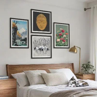 Wanddekorset mit japanischen Naturmotiven im Japandi-Stil