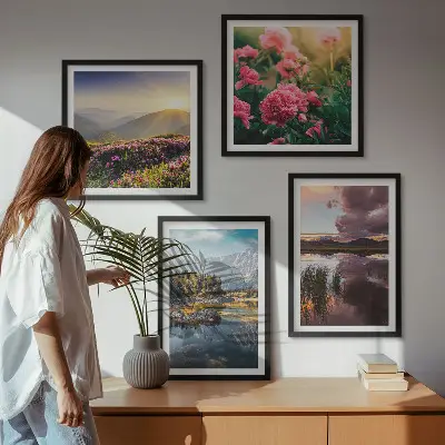 Wanddeko-Set mit Motiven von Blumengarten, Bergwiese und Wasser