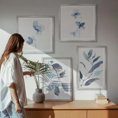 Wanddeko-Set Aquarell mit blauen Blättern