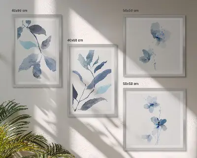 Wanddeko-Set Aquarell mit blauen Blättern