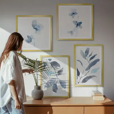Wanddeko-Set Aquarell mit blauen Blättern
