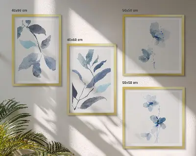 Wanddeko-Set Aquarell mit blauen Blättern