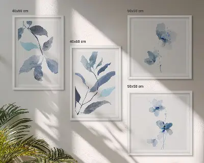 Wanddeko-Set Aquarell mit blauen Blättern