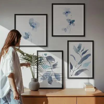 Wanddeko-Set Aquarell mit blauen Blättern