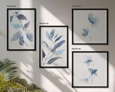 Wanddeko-Set Aquarell mit blauen Blättern