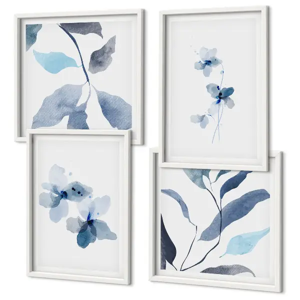 Minimalistische blaue Blumen als mehrteiliges Wandbild mit Rahmen