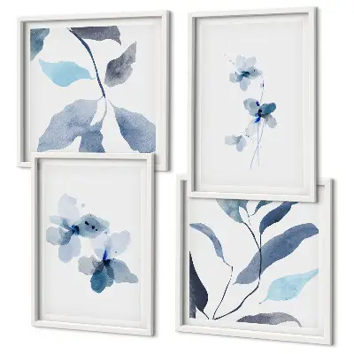 Minimalistische blaue Blumen als mehrteiliges Wandbild mit Rahmen