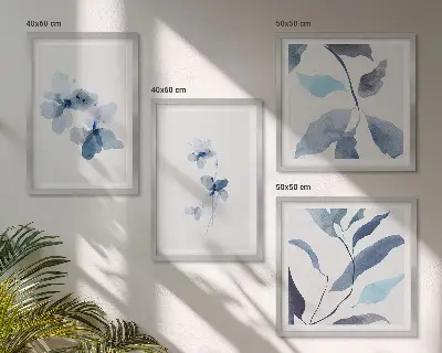 Minimalistische blaue Blumen als mehrteiliges Wandbild mit Rahmen