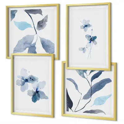 Minimalistische blaue Blumen als mehrteiliges Wandbild mit Rahmen