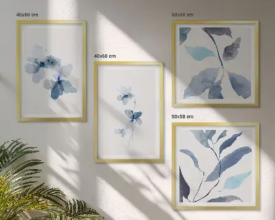 Minimalistische blaue Blumen als mehrteiliges Wandbild mit Rahmen