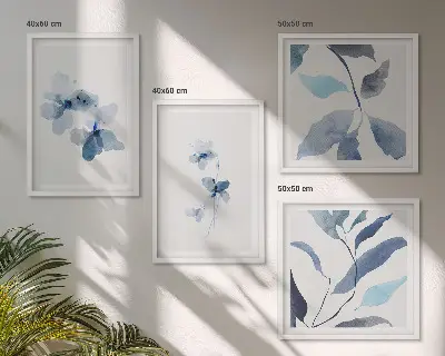 Minimalistische blaue Blumen als mehrteiliges Wandbild mit Rahmen