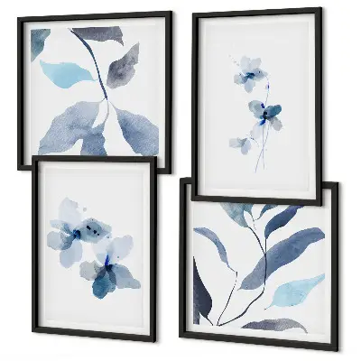 Minimalistische blaue Blumen als mehrteiliges Wandbild mit Rahmen