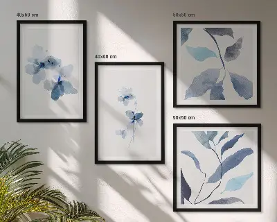 Minimalistische blaue Blumen als mehrteiliges Wandbild mit Rahmen