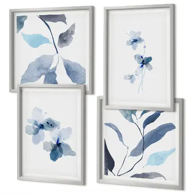Minimalistische blaue Blumen als mehrteiliges Wandbild mit Rahmen