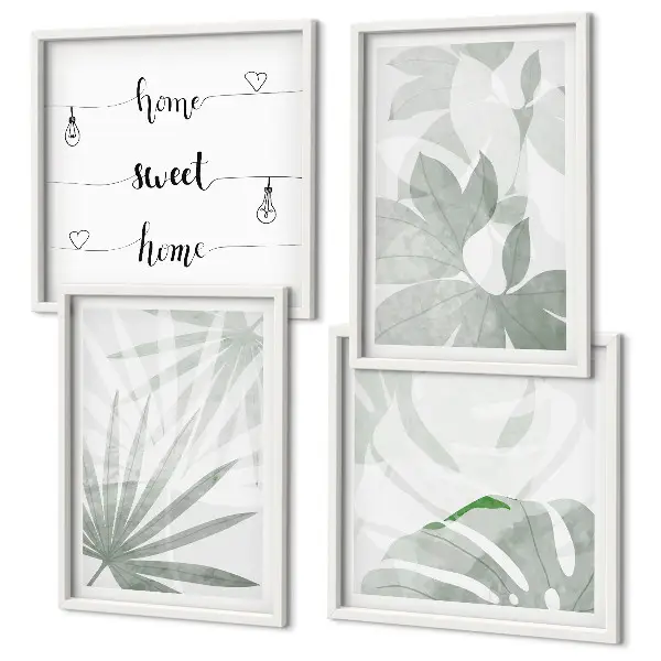 Wanddeko-Set mit grünlich-grauen Blättermotiven