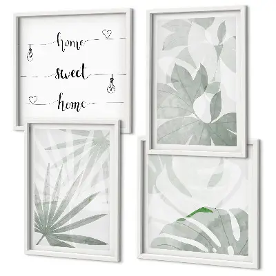 Wanddeko-Set mit grünlich-grauen Blättermotiven