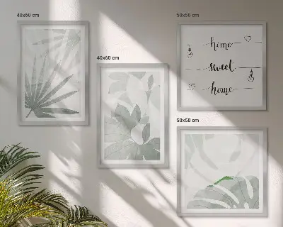 Wanddeko-Set mit grünlich-grauen Blättermotiven