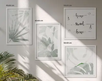 Wanddeko-Set mit grünlich-grauen Blättermotiven