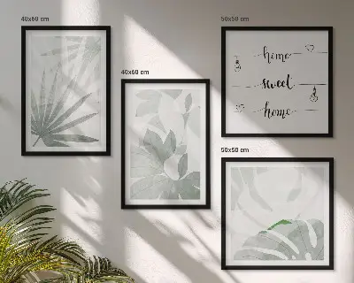 Wanddeko-Set mit grünlich-grauen Blättermotiven
