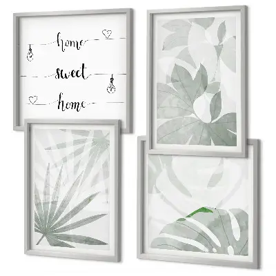 Wanddeko-Set mit grünlich-grauen Blättermotiven