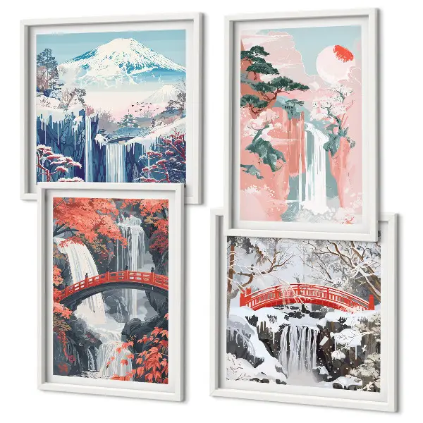 Wasserfall Landschaft mit Brücke und Bäumen mehrteiliges Wandbild mit Rahmen